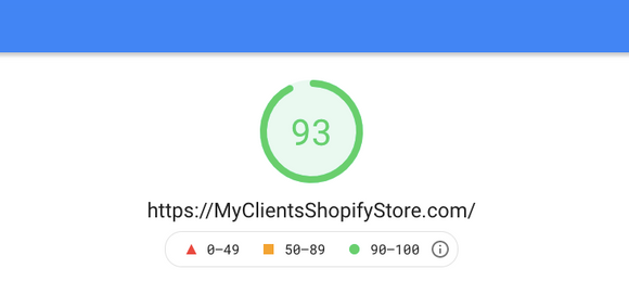 Google PageSpeed Insights scores on a Shopify store optimized to preload the hero image