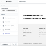The admin view of the custom shopify image gallery accordion
